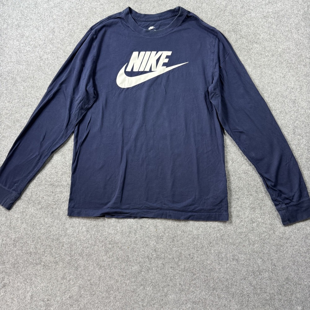 Nike Sportswear Futura Logo Long Sleeve T-Shirt Large Navy Blue Cotton Swoosh